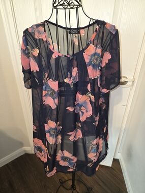 Ladies Floral Sheer Blouse - Navy with Pink Flowers